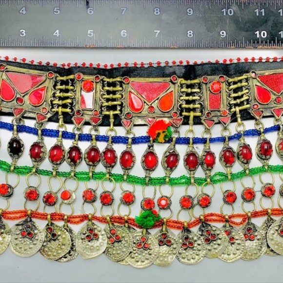 Multicolor Choker Necklace, Tribal Afghan Choker With Silver Dangling Coins - Picture 4 of 7
